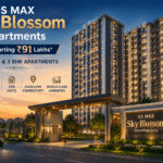 DS MAX Sky Blossom Apartments premium high-rise apartment project with modern elevation, landscaped entrance, luxury community living, and price starting from ₹91 Lakhs in Bangalore.