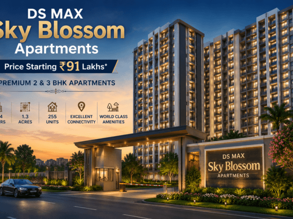 DS MAX Sky Blossom Apartments premium high-rise apartment project with modern elevation, landscaped entrance, luxury community living, and price starting from ₹91 Lakhs in Bangalore.