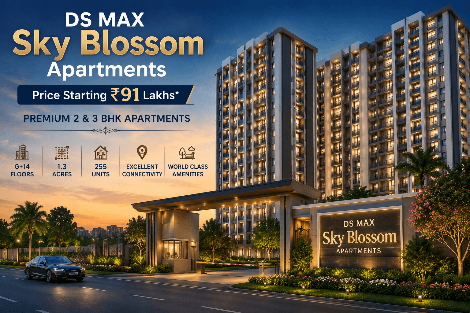 DS MAX Sky Blossom Apartments premium high-rise apartment project with modern elevation, landscaped entrance, luxury community living, and price starting from ₹91 Lakhs in Bangalore.