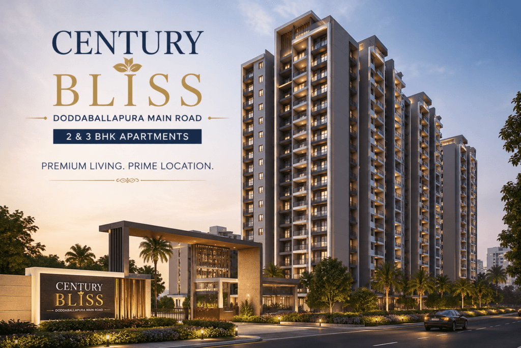 Century Bliss Doddaballapura premium 2 and 3 BHK apartment building with modern architecture and landscaped surroundings