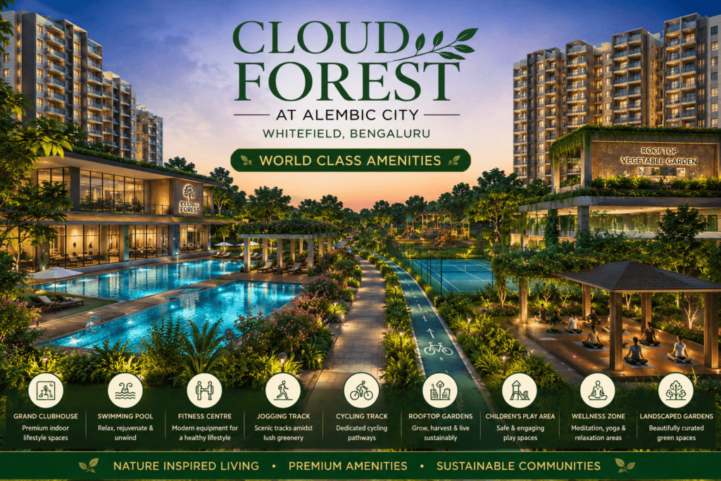 Cloud Forest Whitefield world-class amenities including clubhouse, swimming pool, wellness zone, cycling track, rooftop gardens, and landscaped open spaces