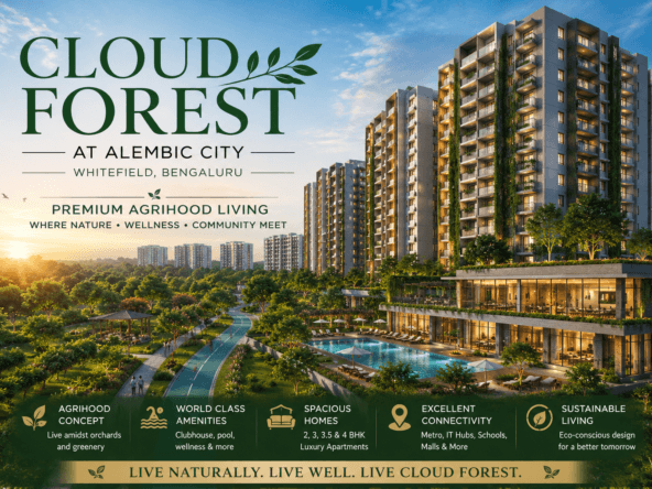 Cloud Forest at Alembic City Whitefield luxury apartment township with landscaped greenery, clubhouse, swimming pool, and premium agrihood living in Bangalore