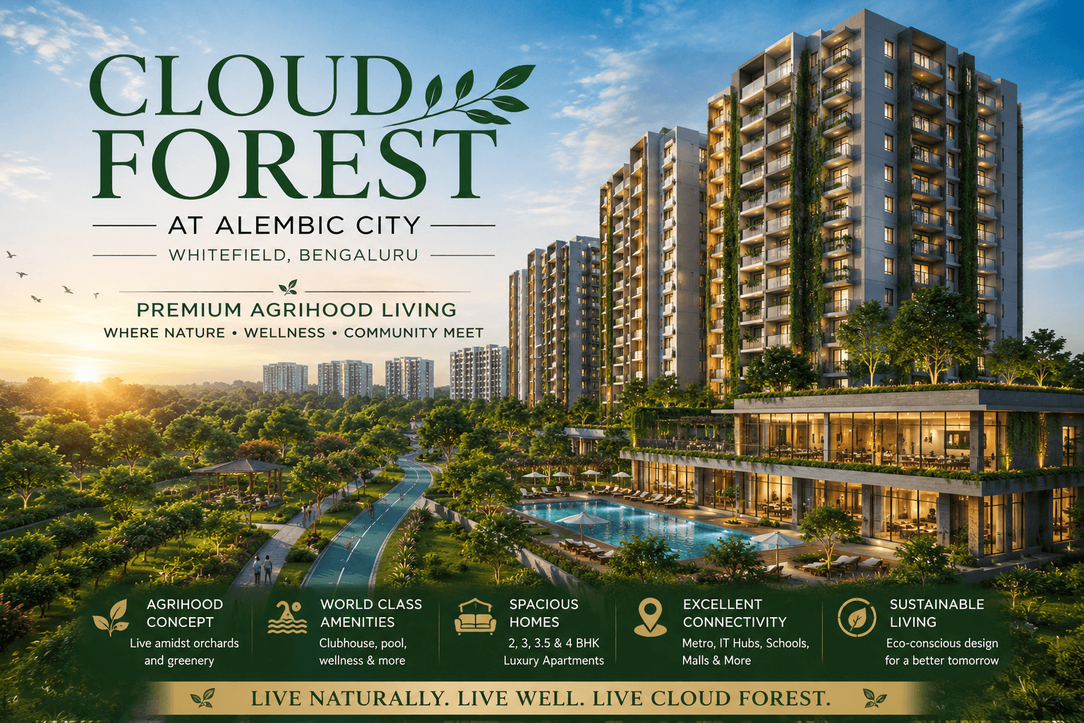 Cloud Forest at Alembic City Whitefield luxury apartment township with landscaped greenery, clubhouse, swimming pool, and premium agrihood living in Bangalore