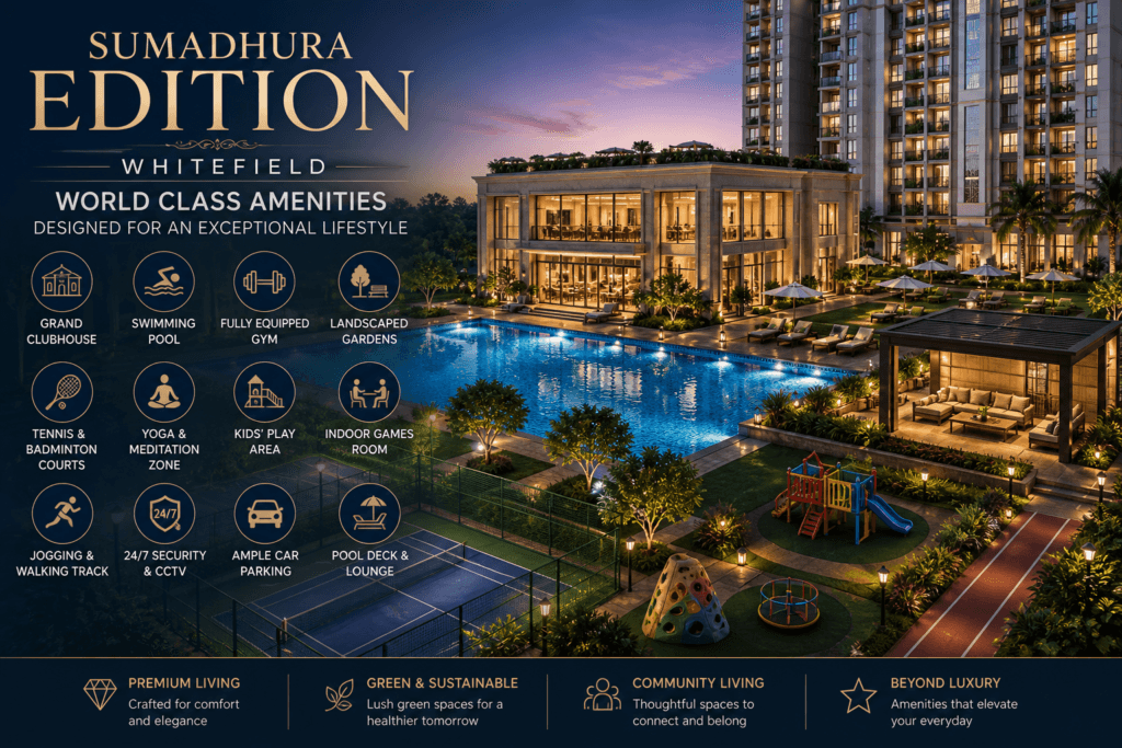 Sumadhura Edition Whitefield world class amenities including clubhouse swimming pool gym and landscaped gardens in Whitefield Bangalore