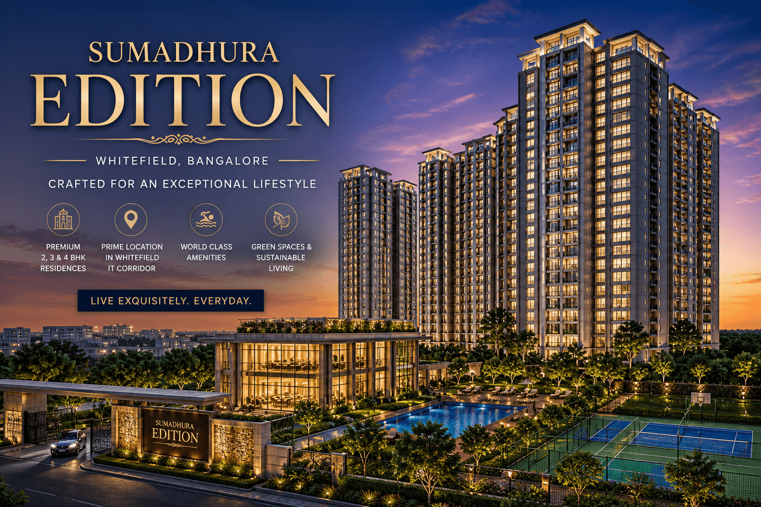 Sumadhura Edition Whitefield luxury apartments exterior view with high-rise towers and premium clubhouse in Bangalore