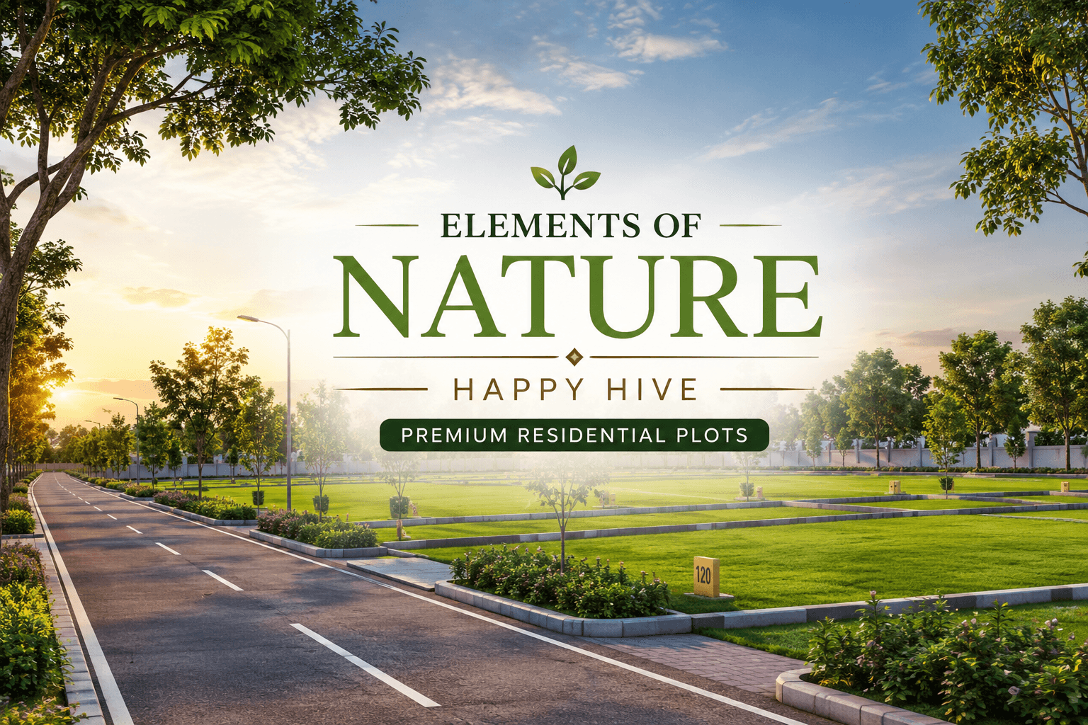 Elements Of Nature Happy Hive premium residential plotted development with landscaped roads, green surroundings, and project entrance view in Bangalore.