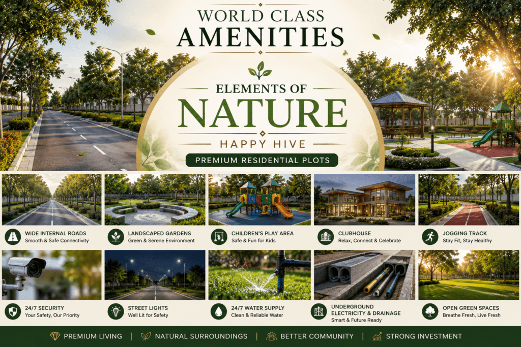 Elements Of Nature Happy Hive world class amenities image featuring clubhouse, landscaped gardens, internal roads, children’s play area, and premium plotted community infrastructure.