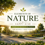Elements Of Nature Happy Hive featured banner image with premium plotted development entrance, green open spaces, modern infrastructure, and project title displayed in the center.