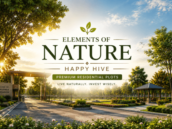 Elements Of Nature Happy Hive featured banner image with premium plotted development entrance, green open spaces, modern infrastructure, and project title displayed in the center.