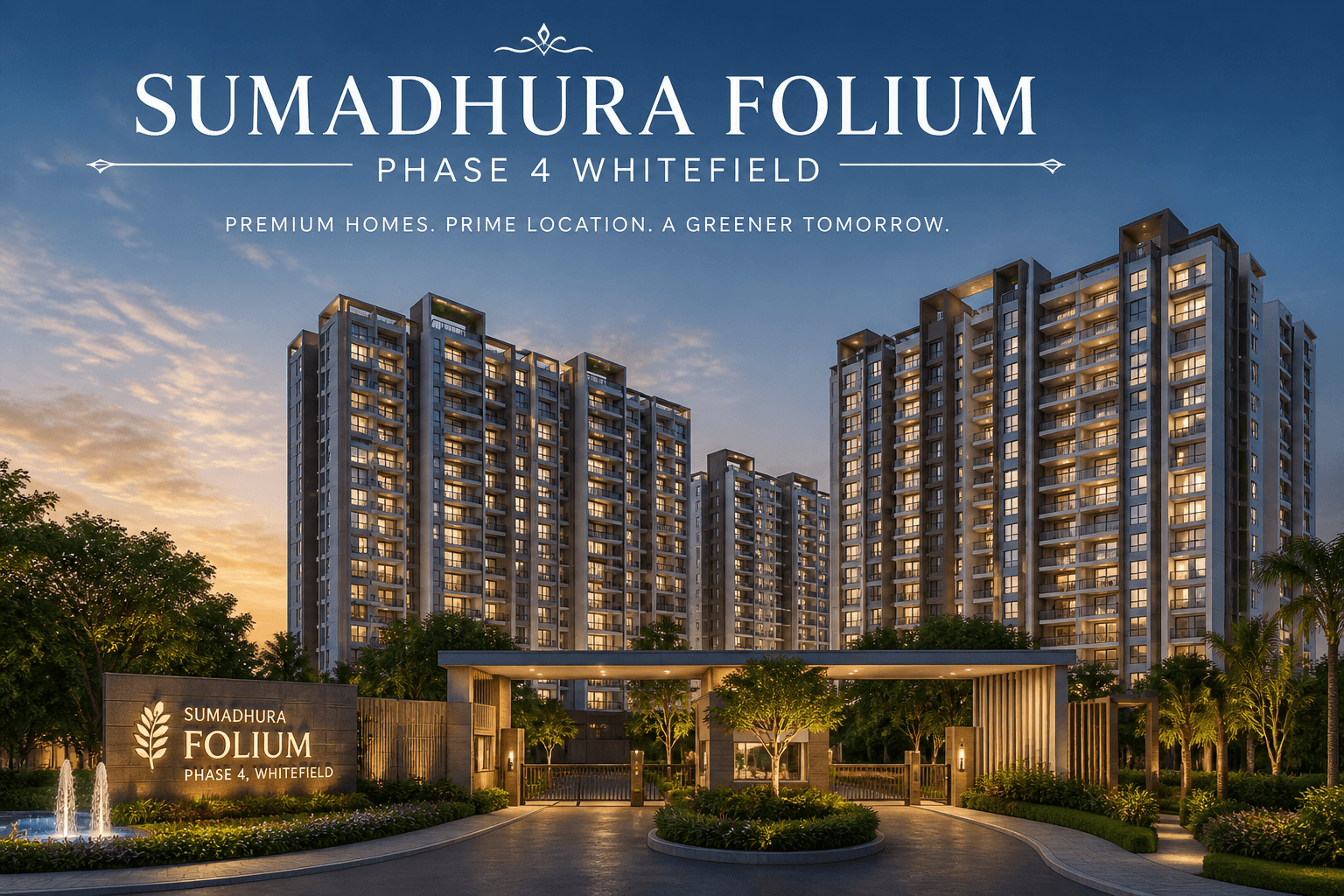 Sumadhura Folium Phase 4 Whitefield premium apartments with landscaped garden, seating area and city skyline view at sunset
