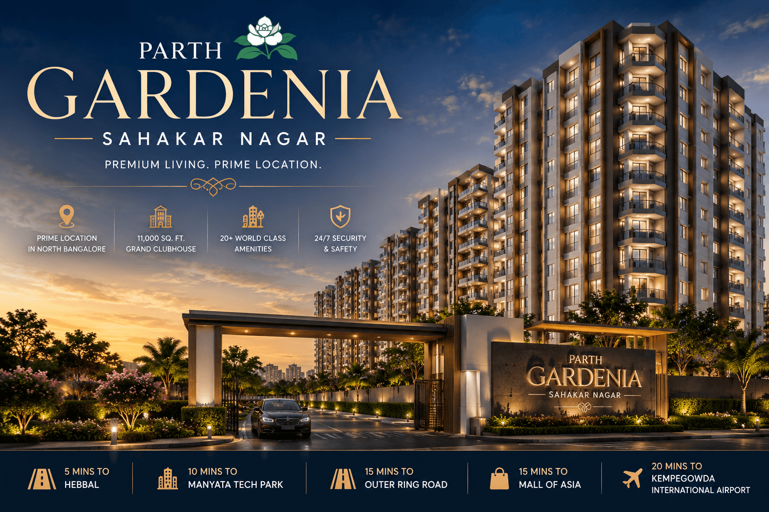 Parth Gardenia Sahakar Nagar luxury apartments with premium entrance and modern residential towers in Bangalore