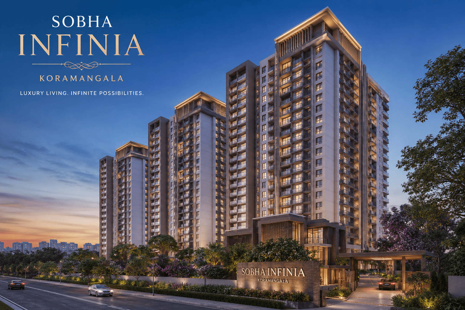 Sobha Infinia Koramangala luxury apartment towers with premium architecture, landscaped surroundings, spacious residences, and modern urban living ambiance.