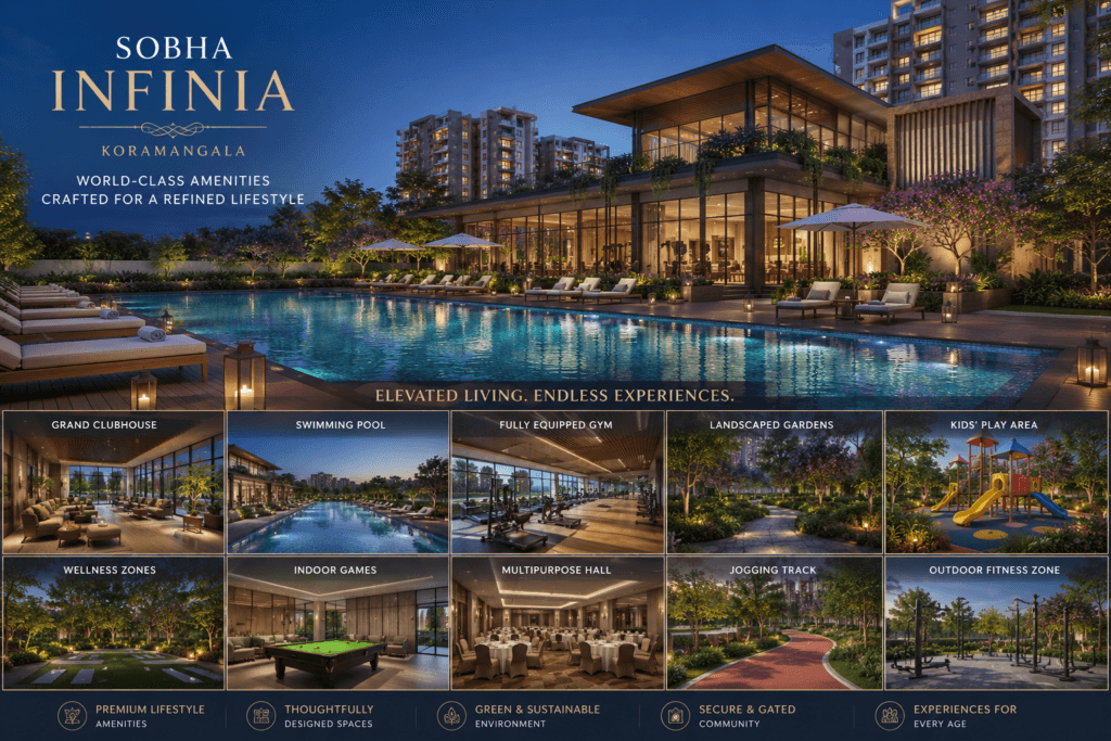 World-class amenities at Sobha Infinia Koramangala featuring clubhouse, swimming pool, fitness centre, landscaped gardens, kids play area, and luxury lifestyle spaces.
