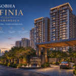 Luxury exterior view of Sobha Infinia Koramangala premium residential apartment project with modern high-rise towers, landscaped entrance, and elegant evening lighting in Bangalore.