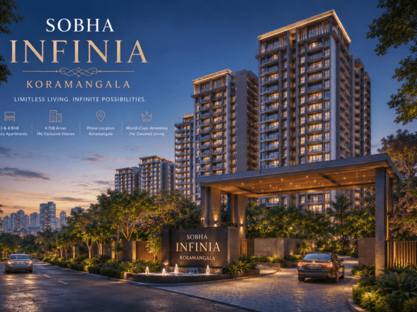 Luxury exterior view of Sobha Infinia Koramangala premium residential apartment project with modern high-rise towers, landscaped entrance, and elegant evening lighting in Bangalore.