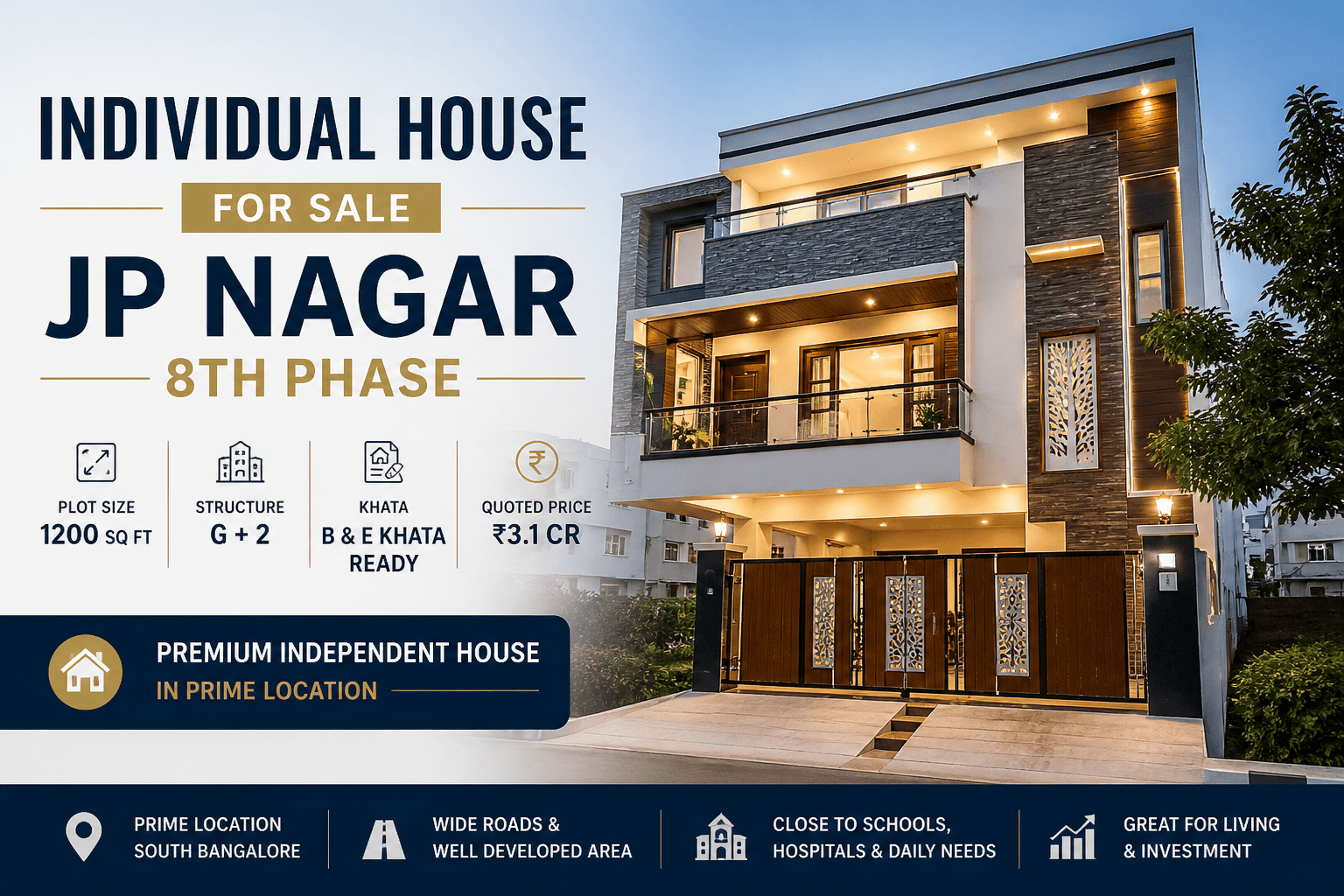 Modern G+2 individual house for sale in JP Nagar 8th Phase Bangalore with premium design and gated entrance