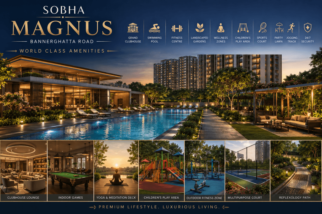 Sobha Magnus Bannerghatta Road world-class amenities including clubhouse, swimming pool, fitness centre, landscaped gardens, and wellness spaces