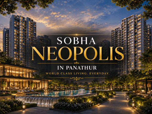 Sobha Neopolis in Panathur luxury apartment towers with landscaped gardens, swimming pool, clubhouse, and premium residential community view in East Bangalore
