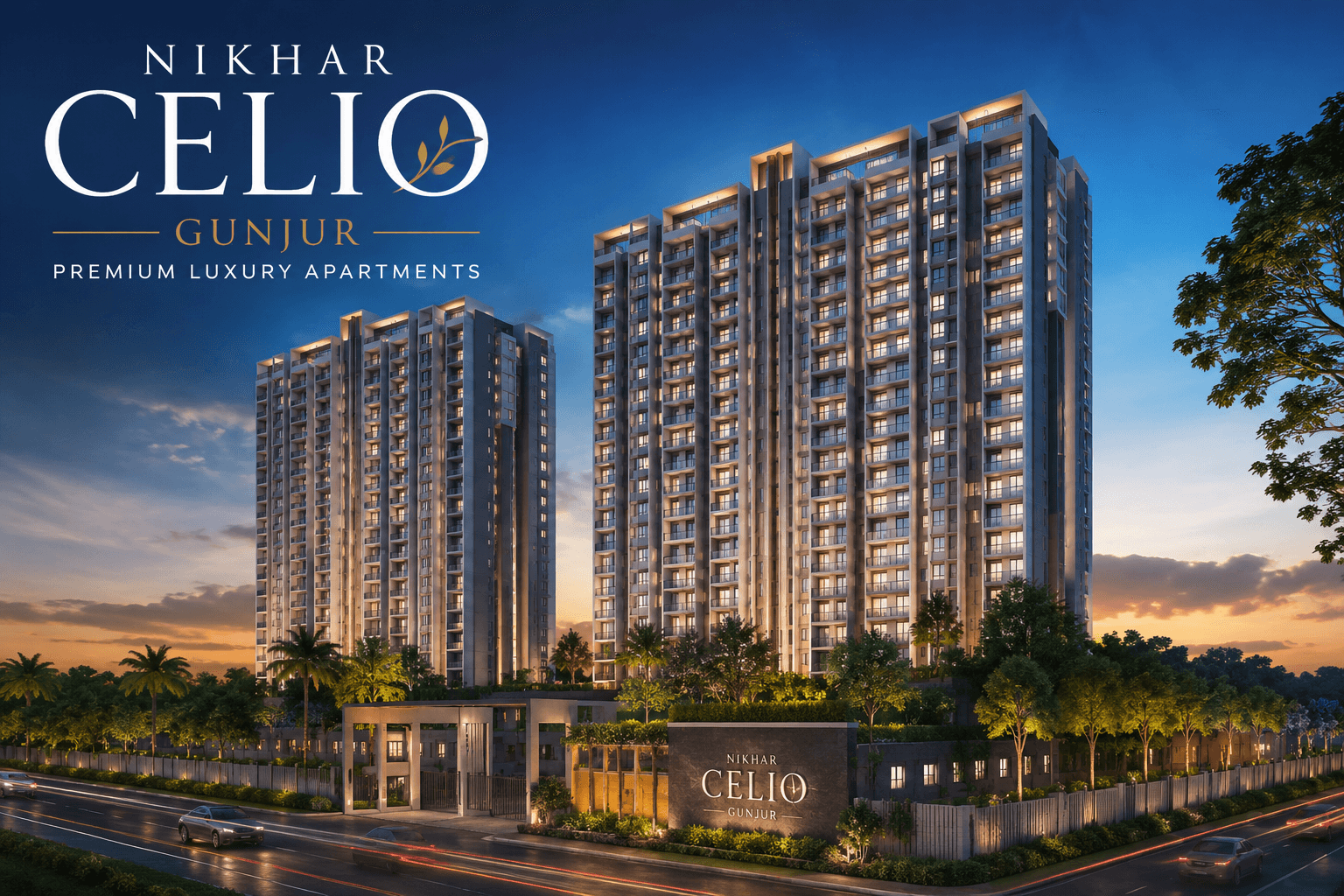 Nikhar CELIO Gunjur luxury high-rise apartment towers with landscaped entrance and premium modern architecture in East Bangalore