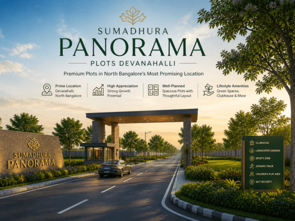 Sumadhura Panorama Devanahalli plots gated entrance with landscaped roads and premium township view