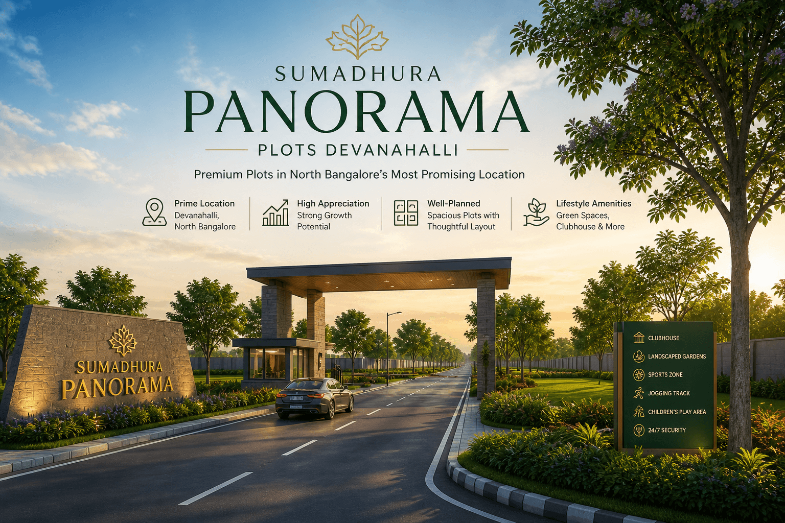 Sumadhura Panorama Devanahalli plots gated entrance with landscaped roads and premium township view