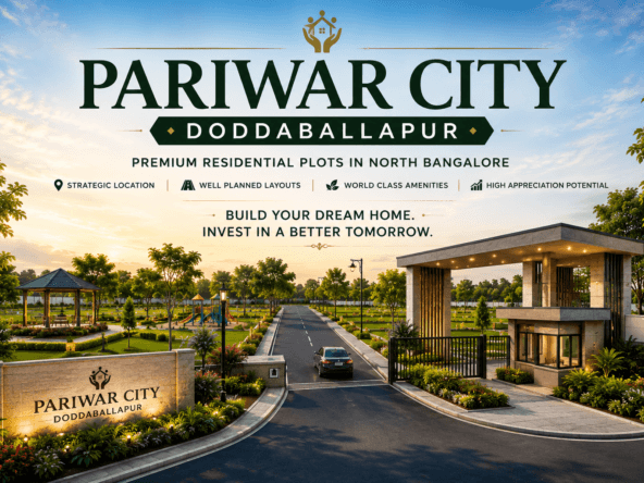 Pariwar City Doddaballapur premium gated plotted community entrance with modern infrastructure and landscaped residential environment in North Bangalore