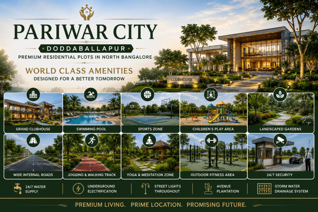 Pariwar City Doddaballapur world class amenities featuring clubhouse, swimming pool, landscaped gardens, sports zone, and premium lifestyle infrastructure