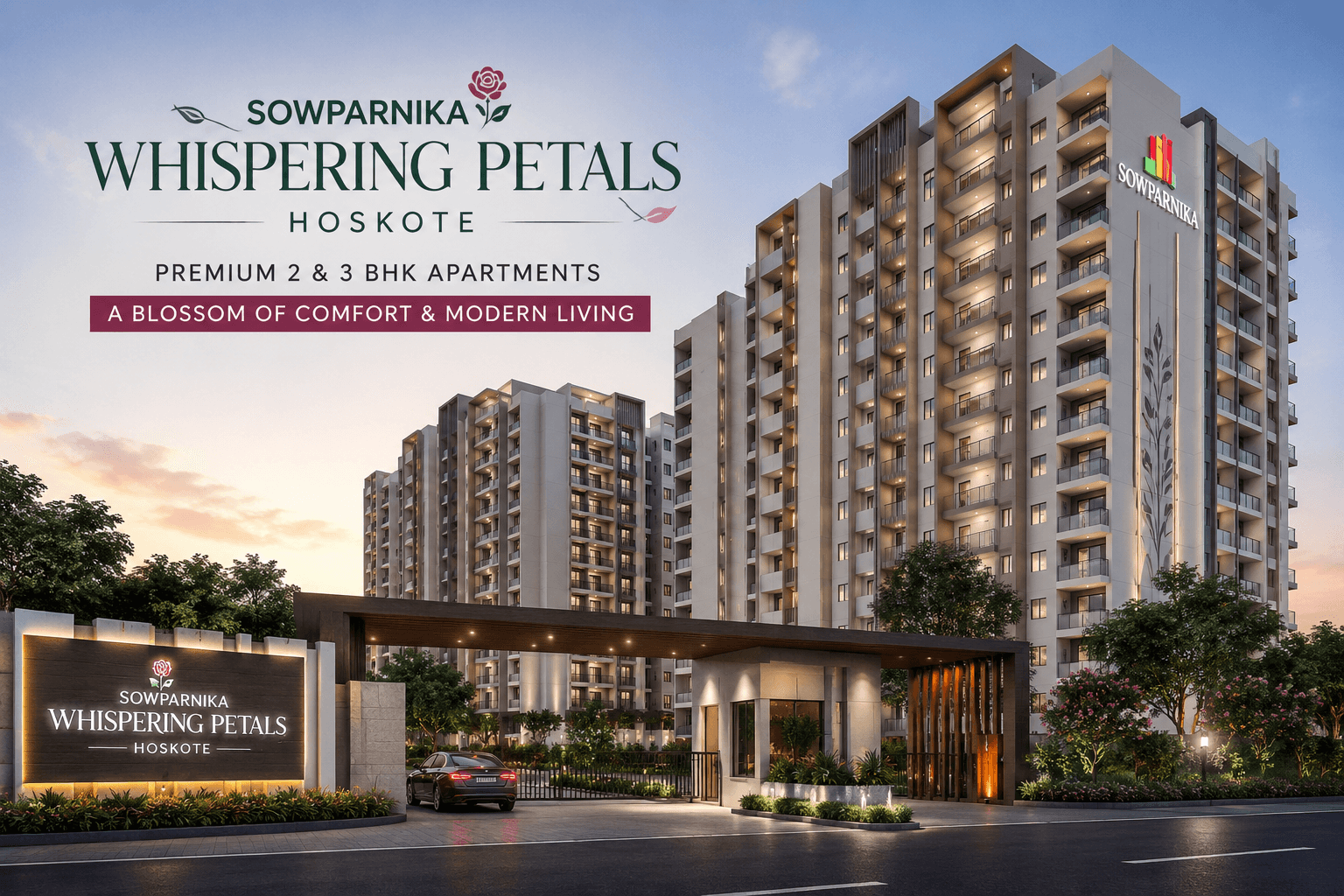 Sowparnika Whispering Petals Hoskote premium apartment elevation with modern architecture and landscaped entrance