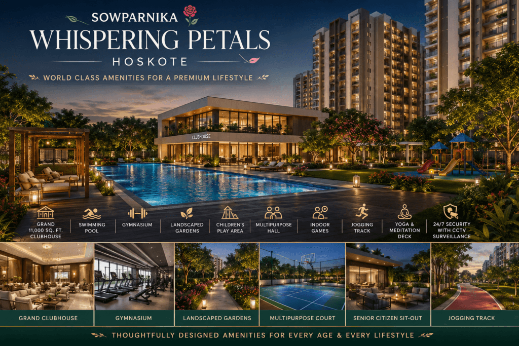 Sowparnika Whispering Petals Hoskote world class amenities including clubhouse swimming pool gym and landscaped gardens