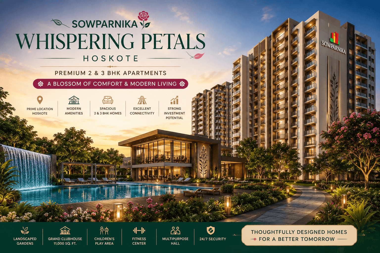 Sowparnika Whispering Petals Hoskote main featured image with luxury apartment towers clubhouse and premium lifestyle amenities