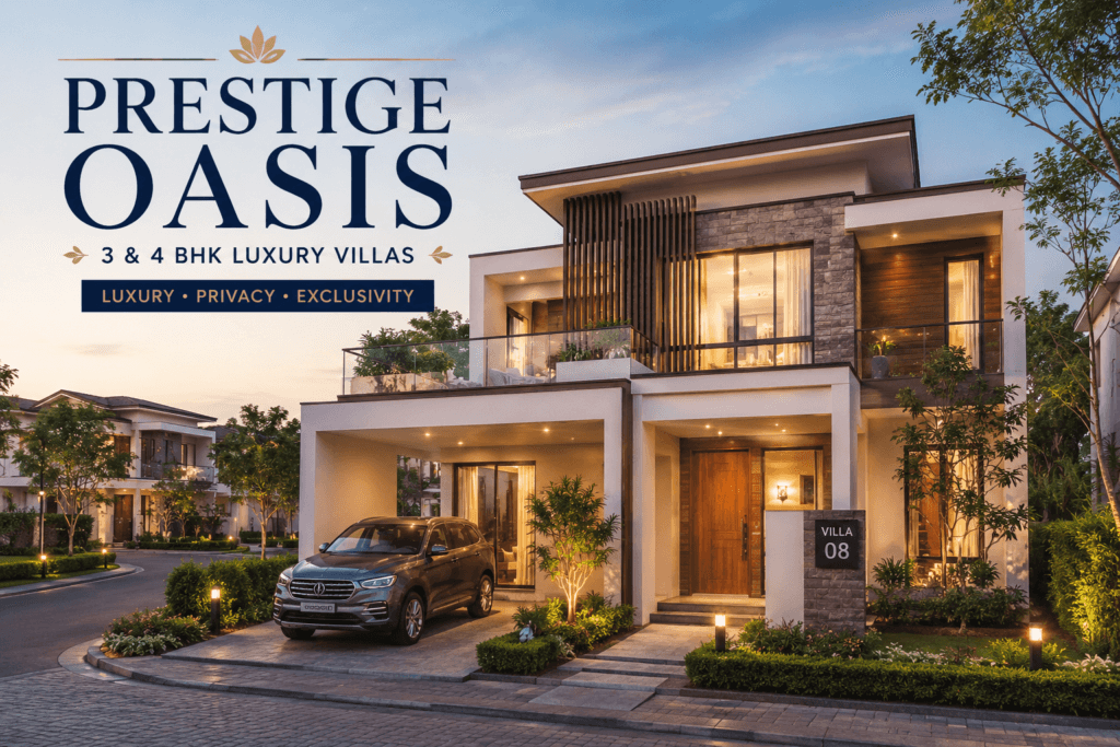 Prestige Oasis Bangalore luxury villa with modern architecture, premium 3 & 4 BHK villas, landscaped surroundings, and elegant exterior design