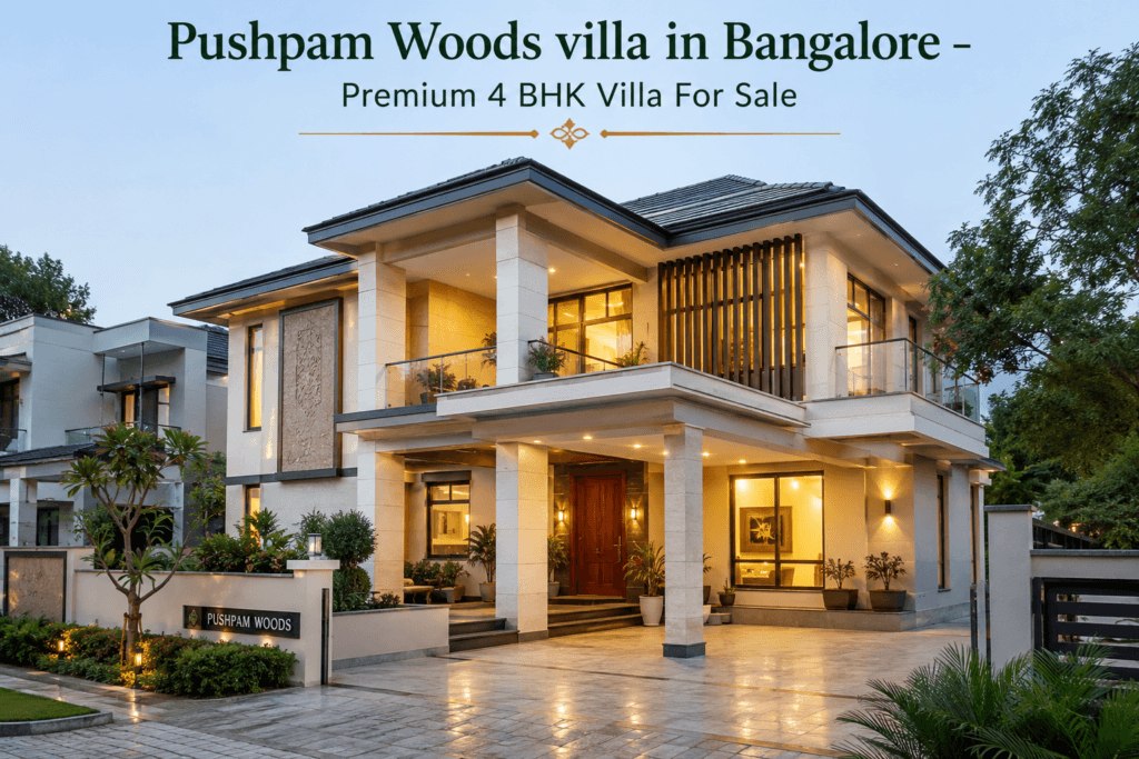 Luxury 4 BHK Pushpam Woods villa in Bangalore with modern architecture, spacious layout, premium exterior design, and landscaped surroundings
