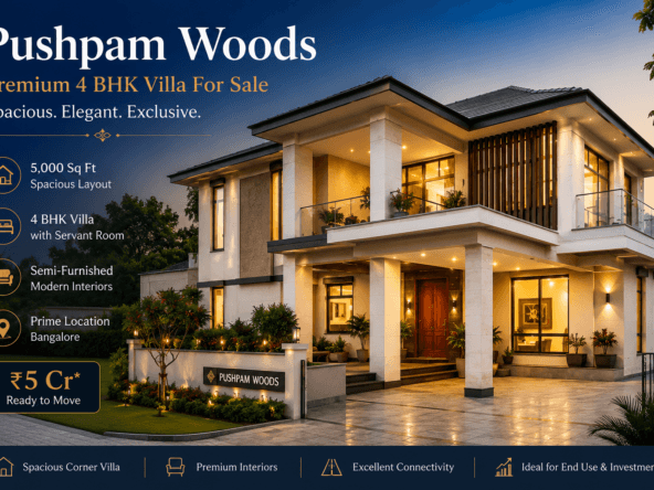 Pushpam Woods Bangalore premium 4 BHK villa for sale featuring luxury modern villa design, 5,000 sq ft layout, servant room, and semi-furnished interiors