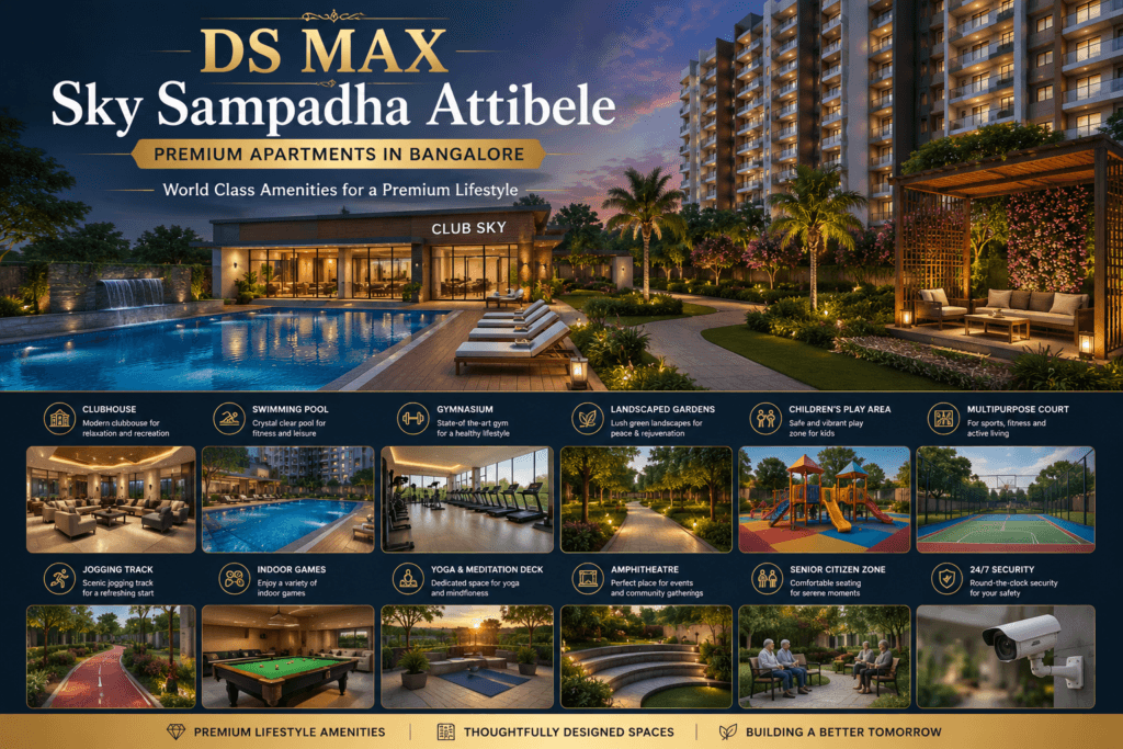 DS MAX Sky Sampadha Attibele world-class amenities including swimming pool, clubhouse, gym, landscaped gardens, jogging track, children’s play area, and premium lifestyle facilities.