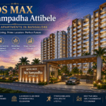 DS MAX Sky Sampadha Attibele premium apartment project entrance view with modern high-rise towers, landscaped surroundings, luxury lifestyle amenities, and premium apartments in Bangalore.