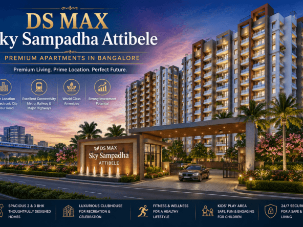 DS MAX Sky Sampadha Attibele premium apartment project entrance view with modern high-rise towers, landscaped surroundings, luxury lifestyle amenities, and premium apartments in Bangalore.
