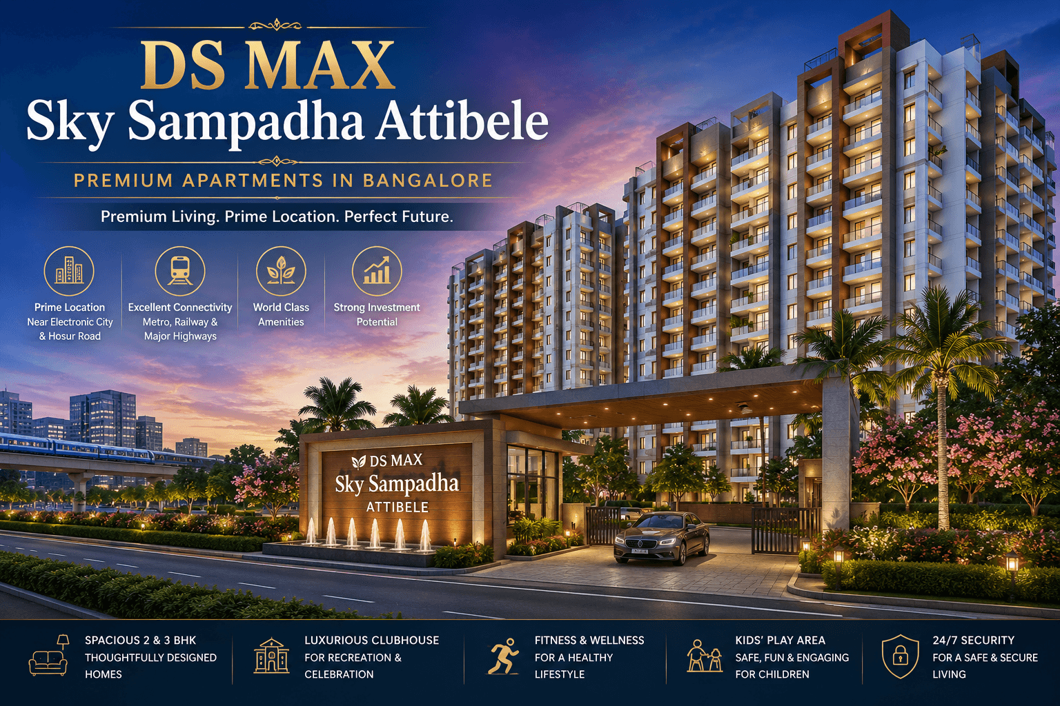 DS MAX Sky Sampadha Attibele premium apartment project entrance view with modern high-rise towers, landscaped surroundings, luxury lifestyle amenities, and premium apartments in Bangalore.