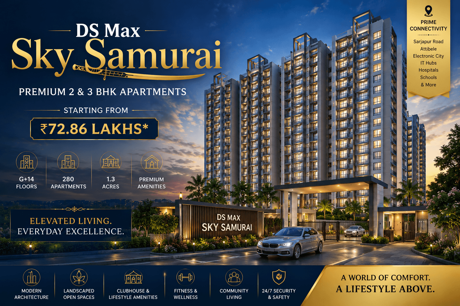 DS Max Sky Samurai premium 2 and 3 BHK apartments in Bangalore with modern high-rise towers and luxury amenities