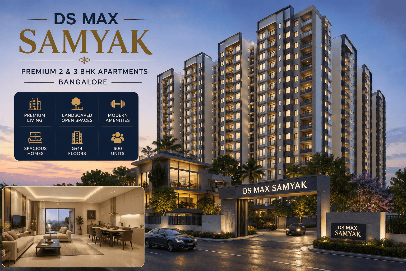 DS MAX Samyak premium apartment building elevation image with modern high-rise towers and luxury residential entrance in Bangalore