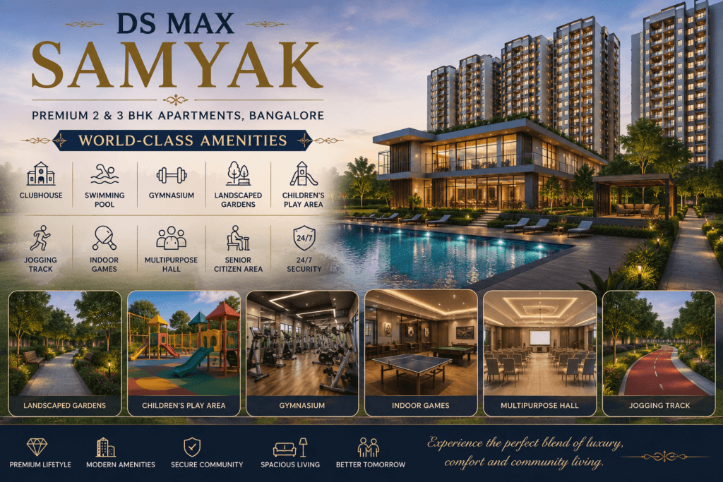 DS MAX Samyak amenities image featuring clubhouse, swimming pool, gym, landscaped gardens, jogging track and modern lifestyle facilities