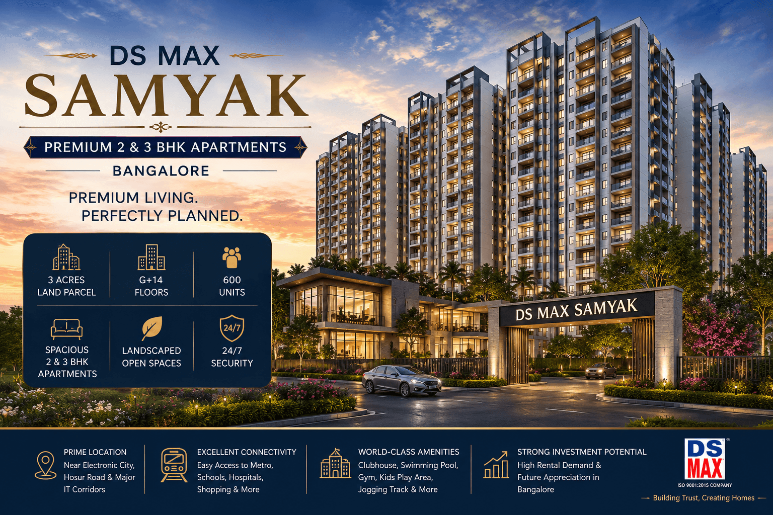 DS MAX Samyak main featured image showcasing premium 2 & 3 BHK apartments, modern architecture, landscaped surroundings and luxury community living in Bangalore