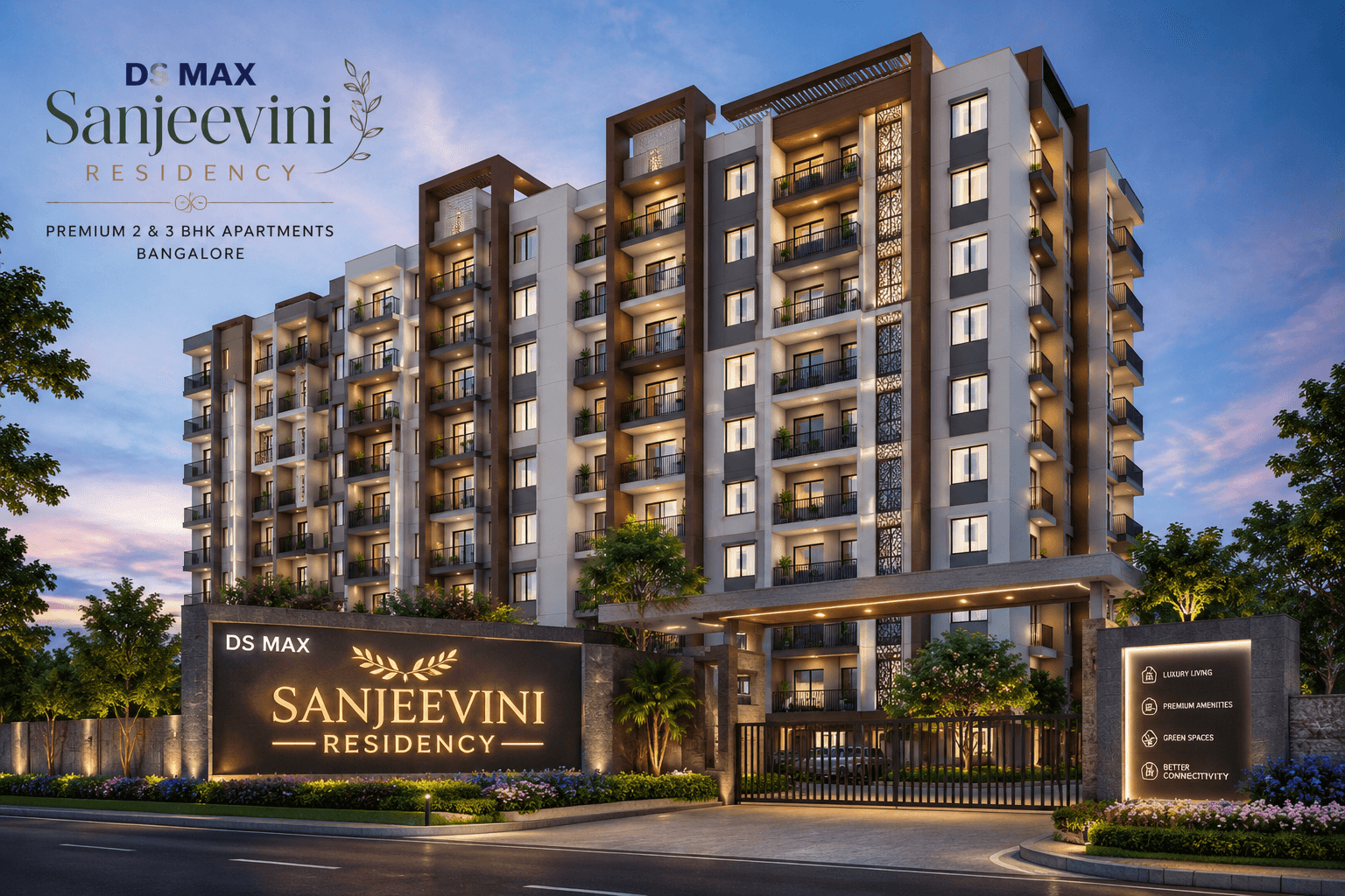 DS MAX Sanjeevini Residency Bangalore modern apartment building elevation with premium architecture, landscaped entrance, and luxury residential community design.