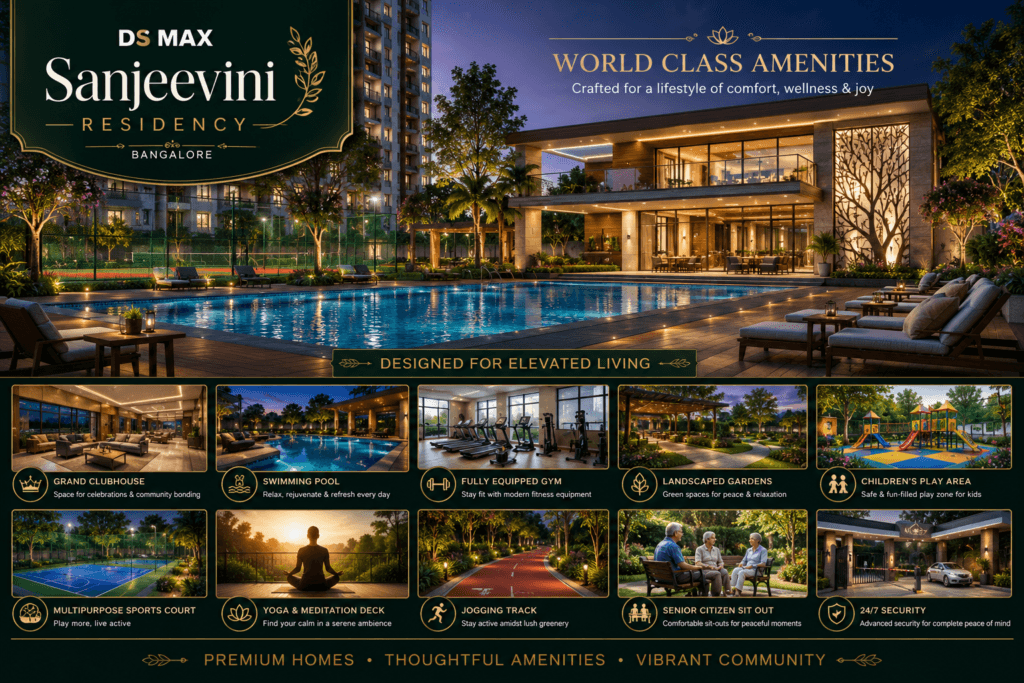 DS MAX Sanjeevini Residency world class amenities including clubhouse, swimming pool, gym, landscaped gardens, children play area, and modern lifestyle facilities.