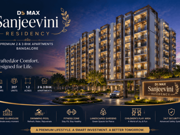 DS MAX Sanjeevini Residency premium apartment project in Bangalore with modern elevation, luxury amenities, landscaped surroundings, and 2 & 3 BHK apartments.