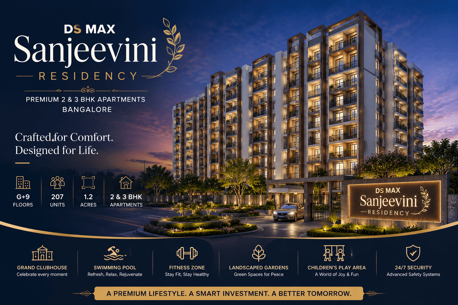 DS MAX Sanjeevini Residency premium apartment project in Bangalore with modern elevation, luxury amenities, landscaped surroundings, and 2 & 3 BHK apartments.