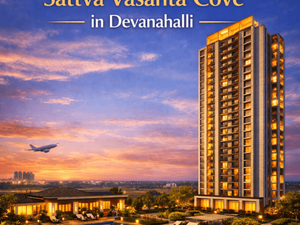 Premium residential tower of Sattva Vasanta Cove in Devanahalli with illuminated balconies, luxury pool, tropical landscaping, and elegant clubhouse at twilight with title text overlay.
