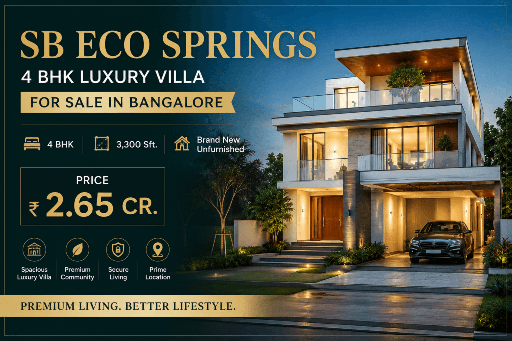 SB Eco Springs 4 BHK luxury villa for sale in Bangalore with modern elevation, premium architecture, spacious 3300 sq ft layout, and brand-new independent villa design.