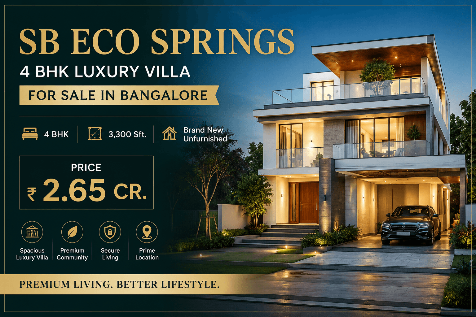 SB Eco Springs 4 BHK luxury villa for sale in Bangalore with modern elevation, premium architecture, spacious 3300 sq ft layout, and brand-new independent villa design.