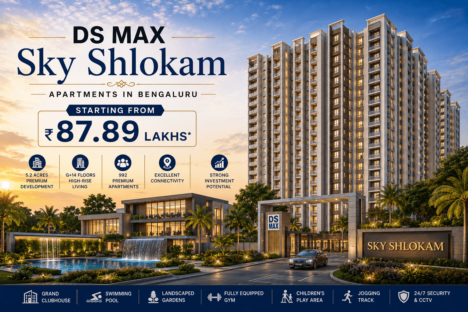 DS MAX Sky Shlokam premium high-rise apartment project in Bengaluru with luxury clubhouse, landscaped gardens, and modern residential towers