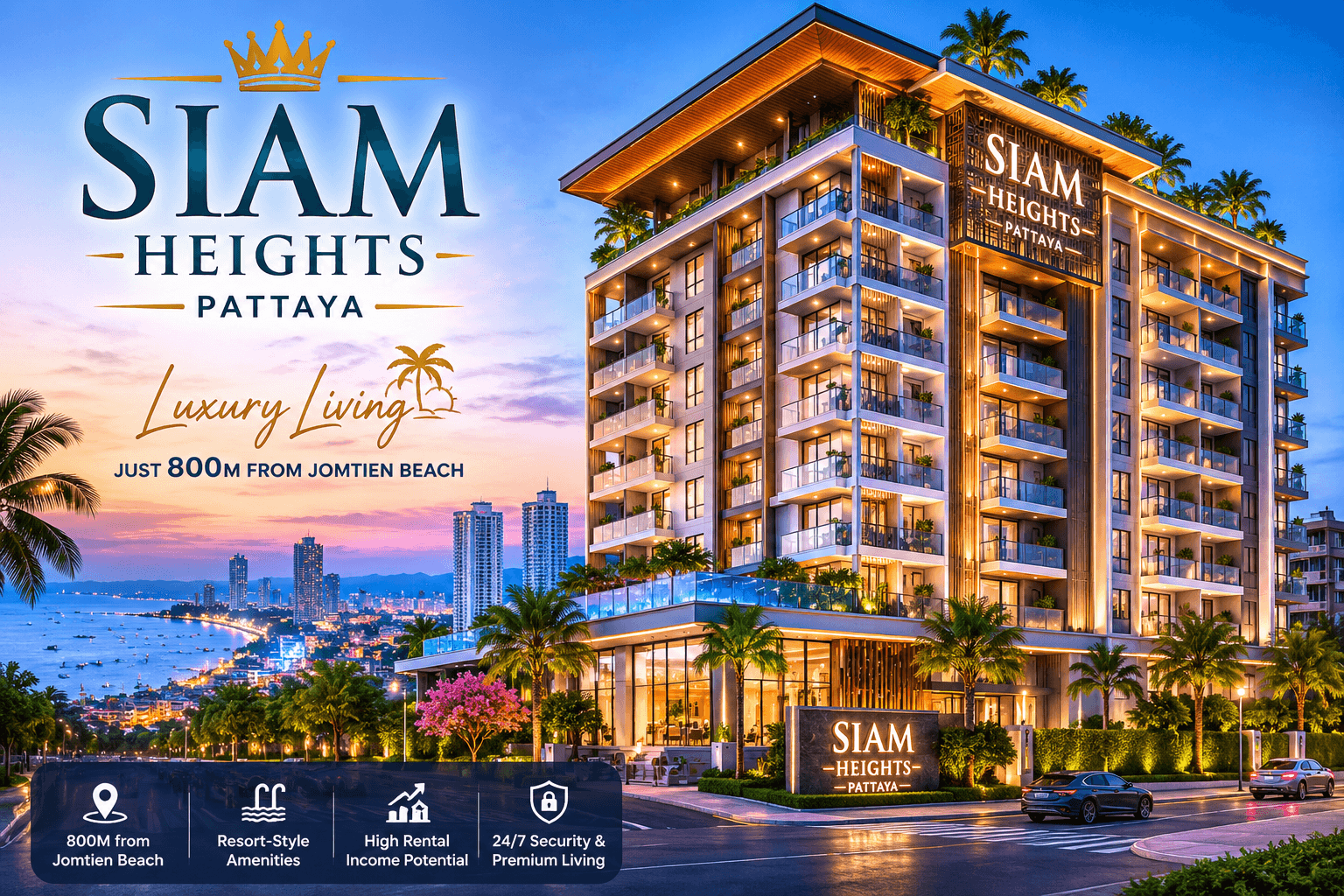 Siam Heights Pattaya modern apartment tower featuring luxury 1 BHK residences, premium architecture, and resort-style living near Jomtien Beach